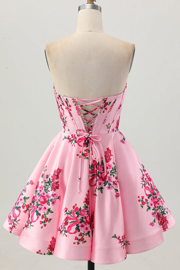 Pink Flower A-Line Sweetheart Satin Corset Cocktail Dress